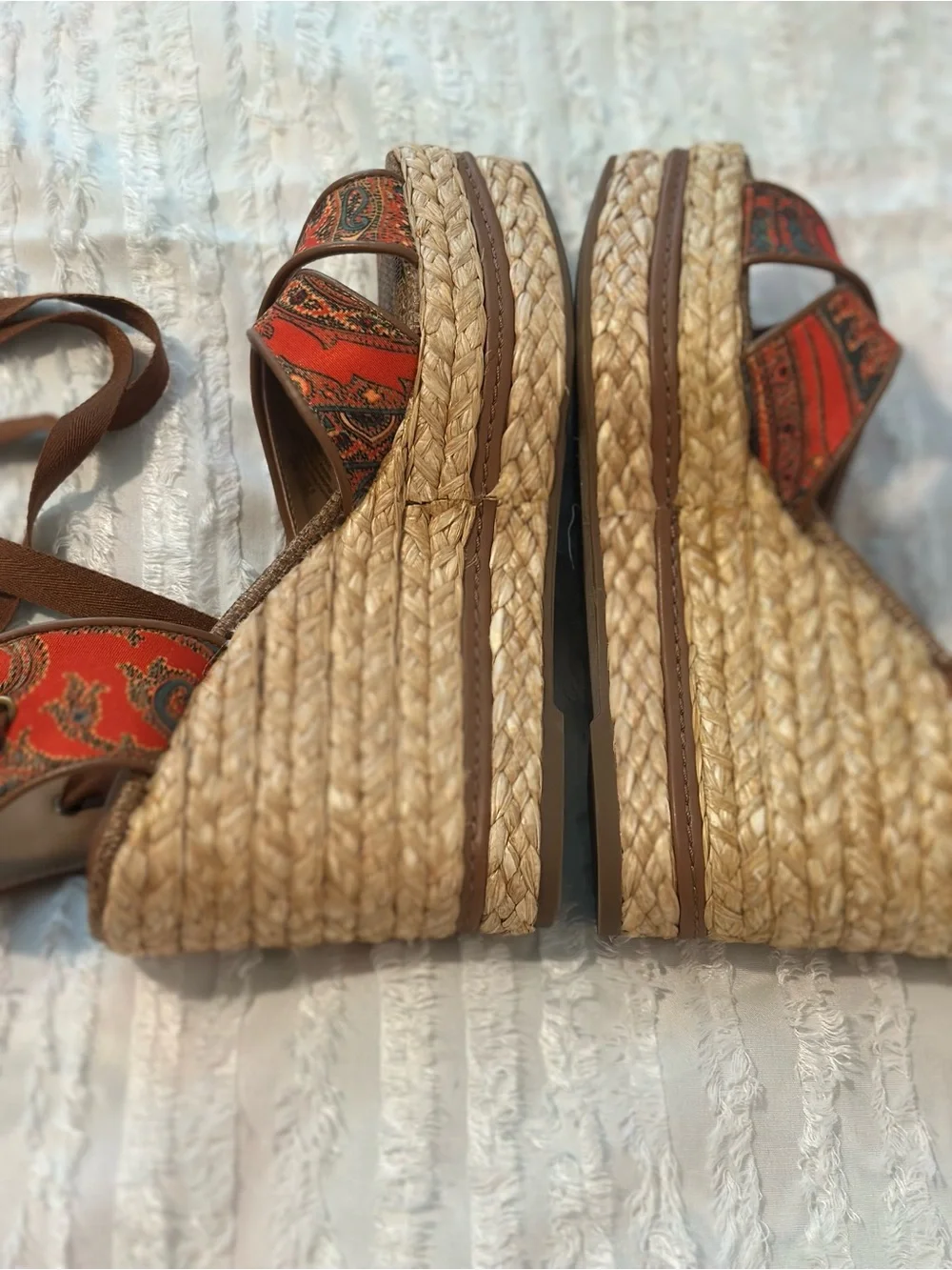 Sam Edelman Brown Ankle-Tie Wedge Sandals with Red Patterned Straps